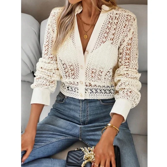 Hollow Out Knit Crochet Guipure Crop Shirt Long Sleeve Button Up Front - Picture 6 of 12